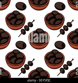 Seamless pattern with black olives in bowls and on skewers, vector illustration Stock Vector