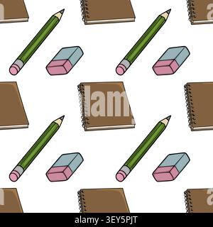 Seamless pattern with vector school supplies, notebooks, pencils, and erasers Stock Vector
