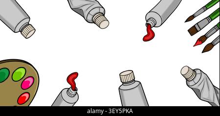 Artist paint tubes and brushes vector frame with blank center for copy space Stock Vector