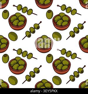 Seamless pattern with green olives in bowls and on skewers vector illustration Stock Vector
