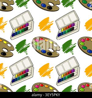 Seamless pattern with vector artist paint palettes and watercolor sets Stock Vector