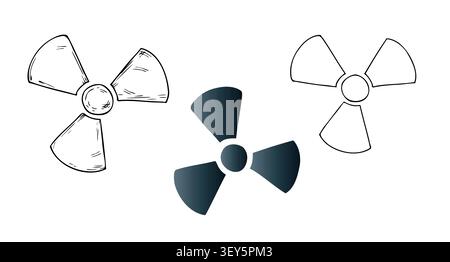 Vector radiation hazard warning sign set. Graphic silhouette icon for nuclear and radioactive safety design, hand drawn illustration isolated on Stock Vector