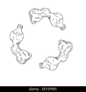 Vector crushed plastic bottle recycling sign. Graphic hand drawn heavily wrinkled illustration isolated on background. Zero waste, sustainable living Stock Vector