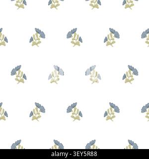 delicate light purple flowers with golden hearts, flowing green leaves and stems. The seamless floral pattern is isolated against the background. Idea Stock Photo
