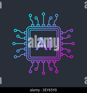 Colorful AI CPU Chip Icon with Neon Circuit Lines. Artificial Intelligence Processor Logo, Vector Illustration Stock Vector