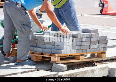 Two workers prepare and arrange gray bricks on a wooden pallet at a construction site in an urban area. They focus on their task as they build a pathw Stock Photo