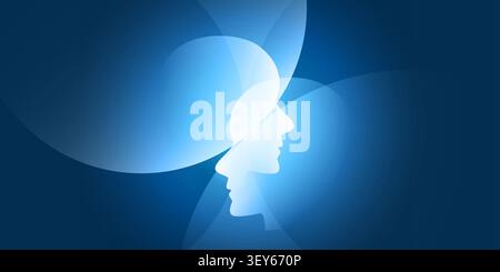 Glowing white humanoid heads profile in silhouette emerges from overlapping translucent blue circles on a dark blue background. Abstract interconnecte Stock Vector