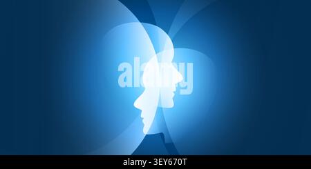 Glowing white humanoid heads profile in silhouette emerges from overlapping translucent blue circles on a dark blue background. Abstract interconnecte Stock Vector