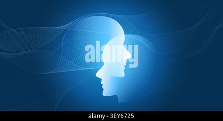 Futuristic vector illustration of two glowing white humanoid robot head silhouettes facing each other, surrounded by interconnected 3d wavy polygonal Stock Vector