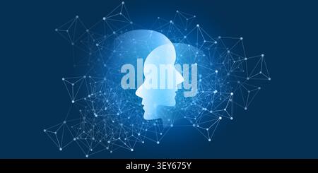 Futuristic vector illustration of two glowing white humanoid robot head silhouettes facing each other, surrounded by interconnected low-poly mesh node Stock Vector
