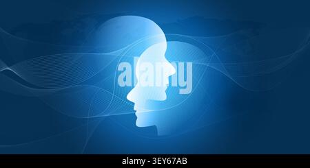 Futuristic vector illustration of two glowing white humanoid robot head silhouettes facing each other, surrounded by interconnected 3d wavy polygonal Stock Vector