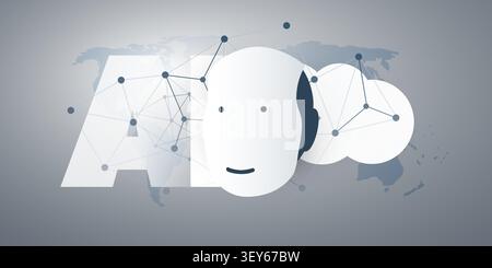 Futuristic Grey and White Machine Learning, Artificial Intelligence, Cloud Computing and Global Networks Concept  - Vector Design with Robot Face, Clo Stock Vector