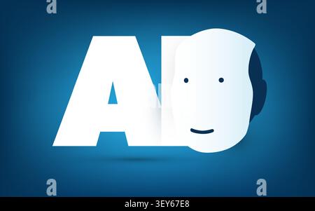 Blue AI, MI, Deep Learning and Future Technology Concept Design with Bold Letters of the Artificial Intelligence Acronym, Label and Robot Head - Conce Stock Vector
