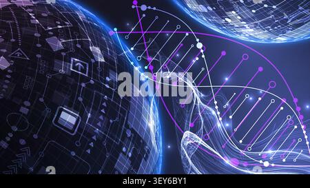 Abstract scientific background with glowing DNA double helix and futuristic bio sphere. Vector Stock Vector