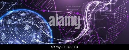 Abstract scientific background with glowing DNA double helix and futuristic bio sphere. Vector Stock Vector