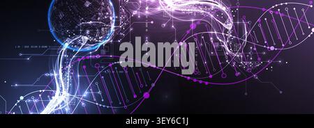 Abstract scientific background with glowing DNA double helix and futuristic bio sphere. Vector Stock Vector