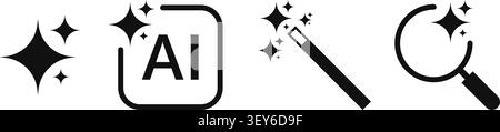 Artificial Intelligence Sparkle Stars and Magic Wand Icon Set. Vector Illustration Stock Vector