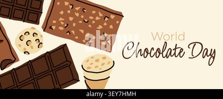 World Chocolate Day Horizontal Banner Template with Flat Hand Drawn Chocolate Bars and Truffles for Social Media Ads Stock Vector