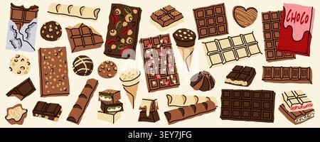 Big Chocolate Bar and Sweet Candy Dessert Set with Hand Drawn Elements in Minimalist Flat Doodle Style Stock Vector