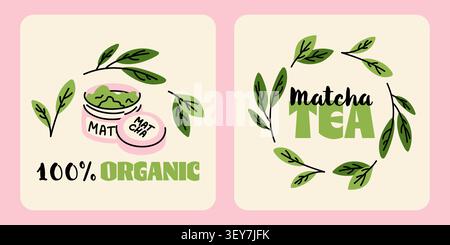 Organic matcha powder and green tea leaves hand drawn badges Stock Vector
