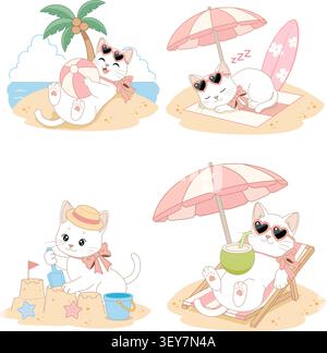 Cute white cat cartoon character set enjoying summer beach vacation with sunbed umbrella palm tree surfboard sandcastle coconut drink beach ball and s Stock Vector