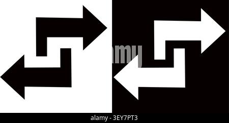 Exchange icons in a flat style featuring opposing angular arrows in black and white versions. Stock Vector