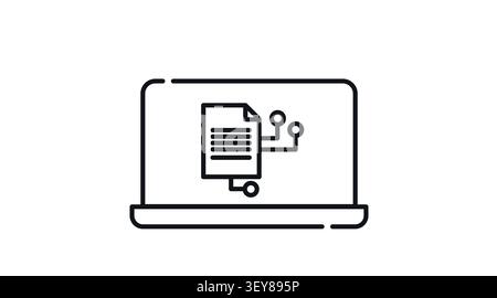 Laptop AI document icon: portable notebook computer displaying text file with artificial intelligence symbol on screen, minimalist black line art vect Stock Vector