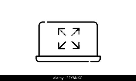 Laptop full screen icon: portable notebook computer displaying maximize and expand window symbol on screen, minimalist black line art vector illustrat Stock Vector
