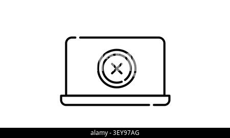 Laptop system error icon: portable notebook computer displaying cross mark X symbol on screen, minimalist black line art vector illustration for failu Stock Vector
