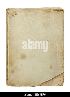 A worn out, stained, and damaged cover of an antique blank book isolated on a white background, isolated on a white background. Stock Photo