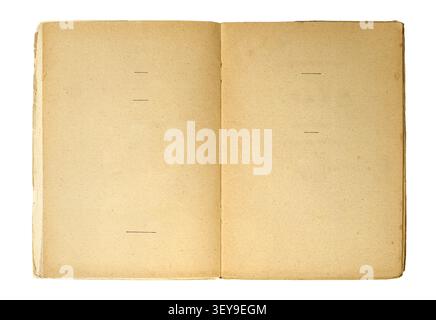 Antique open book with blank aged pages and minimalist lines isolated on white background. Stock Photo