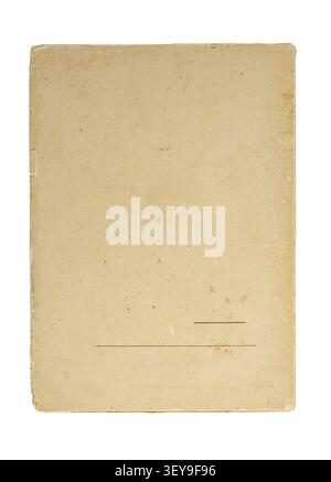 Vintage blank back book cover with minimalist lines isolated on white background. Empty weathered parchment with stains and rough edges. Stock Photo
