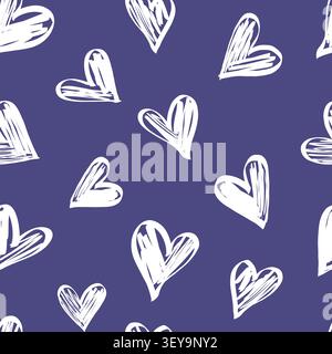 Seamless vector pattern with hand drawn white hearts on deep purple background. Modern sketch style repeating design Stock Vector