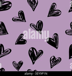 Seamless vector pattern with hand drawn black hearts on soft purple background. Modern sketch style repeating design Stock Vector