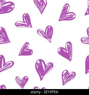 Seamless vector pattern with hand drawn purple hearts in sketch style. Modern romantic repeating background Stock Vector