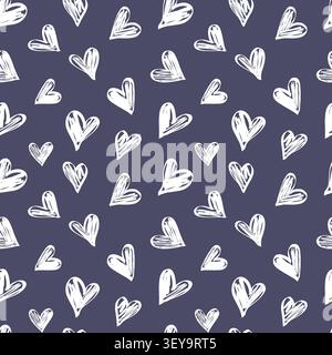 Seamless vector pattern with hand drawn white hearts on deep purple background. Modern sketch style repeating design Stock Vector