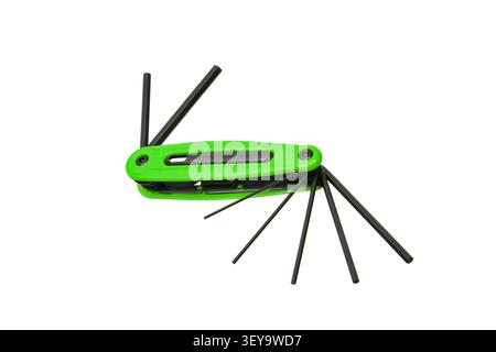 Green folding hex key multitool with unfolded allen wrenches on a white background. Stock Photo