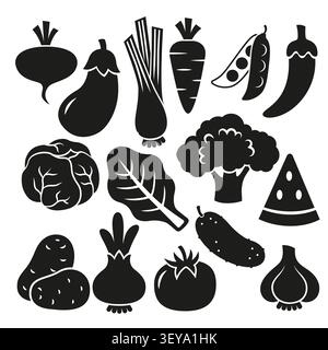 Fresh vegetables vector illustration icon set, isolated solid organic veggie silhouette design Stock Vector