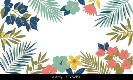 Elegant Botanical Floral Border Frame with Modern Tropical and Mediterranean Leaves, Flowers and Copy Space, Flat Vector Illustration for Wedding Stock Vector