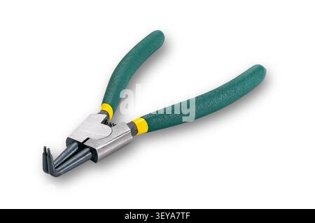 High angle view of heavy duty internal snap ring pliers or circlip pliers with green handle isolated on white background with clipping path. Stock Photo