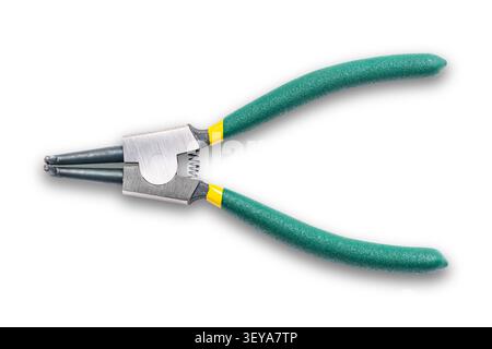 Top view of heavy duty internal snap ring pliers or circlip pliers with green handle isolated on white background with clipping path. Stock Photo