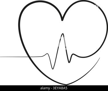 A beautifully simple continuous single line illustration forming a bold heart outline with a classic electrocardiogram pulse wave integrated naturally within the lower half of the shape, creating a seamless and meaningful union of love and vitality in one fluid gesture. The confident, hand drawn quality of the line gives the design a warm, organic feel while maintaining a clean minimalist aesthetic. Set against a pure white background, this timeless and versatile graphic is perfect for cardiology and healthcare clinic logos, medical and wellness branding, Valentine s Day greeting cards and gif Stock Vector
