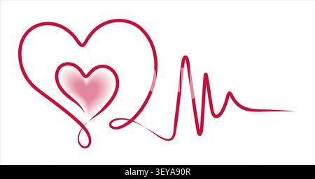 A beautifully fluid continuous line illustration in deep crimson red, forming a large sweeping heart outline that cradles a smaller softly glowing pink heart within, before the line elegantly curls and extends into a dynamic heartbeat pulse pattern. The delicate gradient glow of the inner heart adds warmth and emotional depth to the otherwise clean line art composition, creating a harmonious blend of romantic symbolism and medical imagery. Set against a crisp white background, this refined and versatile design is ideal for Valentine s Day greeting cards and gifts, cardiology and healthcare cli Stock Vector