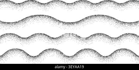 Wave grain lines with dotted noise patterns. Sand textured wave strips create abstract pointillism background with flowing curves and organic shapes. Stock Vector