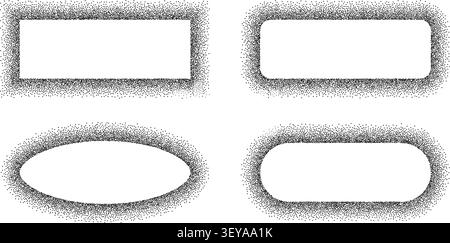 Grain rectangle borders with dot fade. Noise texture ellipse frames and edges create distressed retro backgrounds with stipple gradient effects. Stock Vector