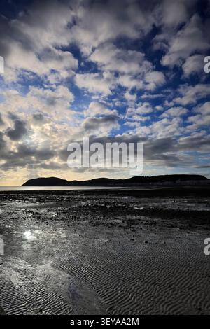 Dramatic clouds over Llandudno Pier and The Little Orme, Llandudno town, Conwy, North Wales, Britain. Stock Photo