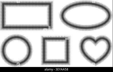 Halftone dot border frames in rectangle and square shapes with gradient fade effects. Comic style vignette design with geometric patterns for posters and presentations. Stock Vector