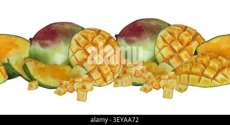 Watercolor seamless pattern with mango halves, slices and mango cubes in realistic style. Illustration for packaging, textile, menu design, desserts, Stock Photo