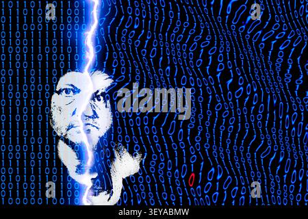 Human face divided by flash on digital display with one faulty red zero in blue binary code. Person head split by lightning in half due software error. Stock Photo