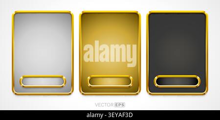 Set of three modern rounded frames with golden borders and button areas, perfect for UI design, banners, or badges. Vector illustration Stock Vector